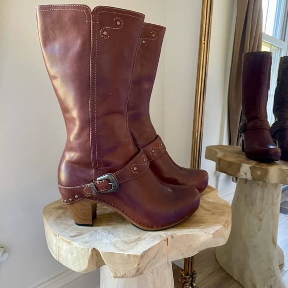Vintage Leather Stud Swirl Buckle High Clog Boots in...
